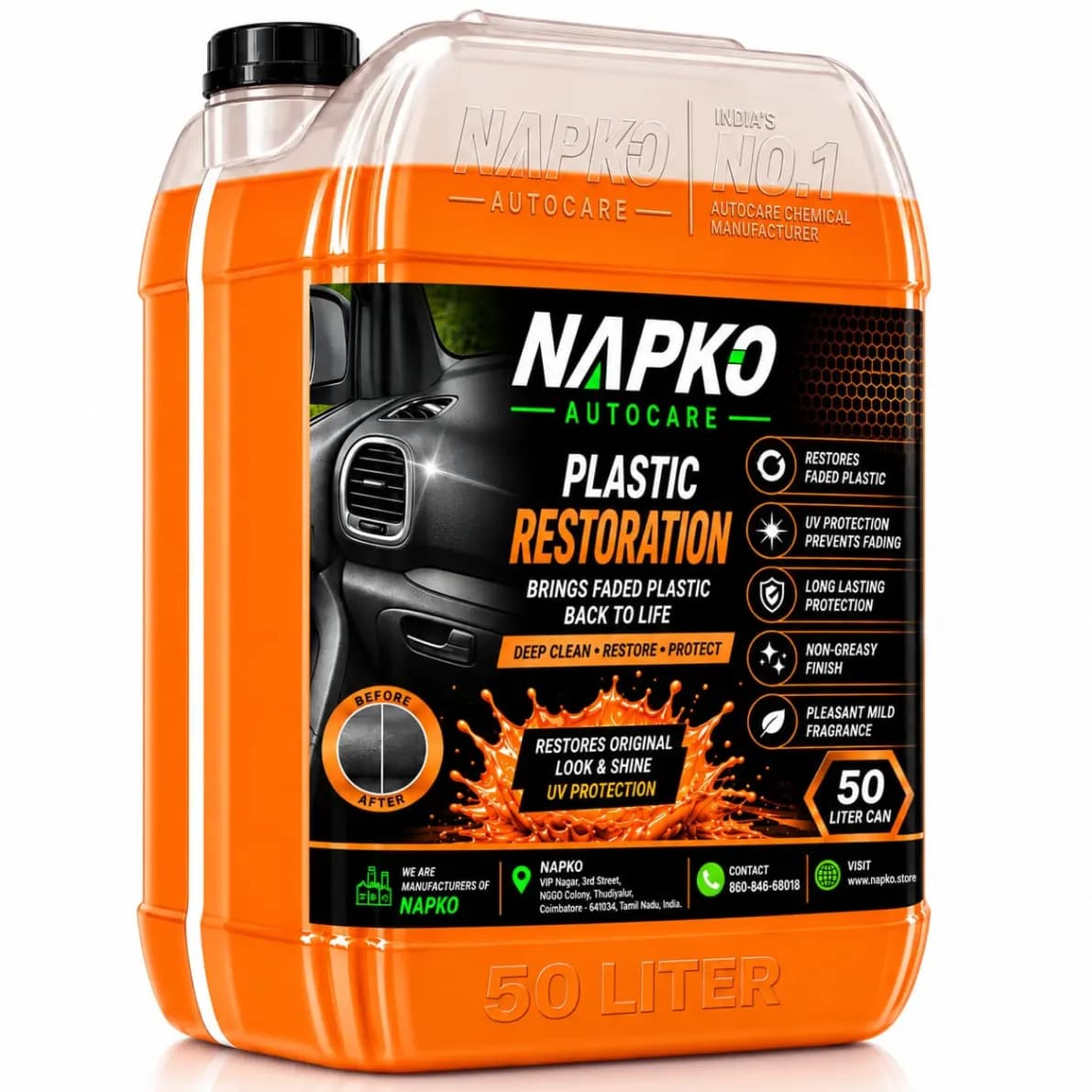 Plastic Restoration 50L – Pro Car & Bike Trim Restorer | Ultra UV Protection & Hydrophobic Shine.