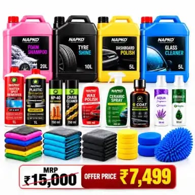 NAPKO Ayudha Pooja Car Care Combo Kit 2 - Shampoo, Tyre Shine, Dashboard Shine & Detailing Accessories