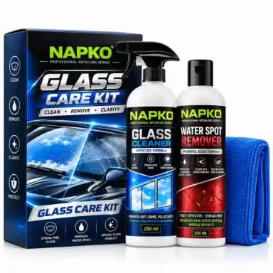 NAPKO Car Glass Care Kit - Glass Cleaner, Water Spot Remover & 380 GSM Cloth