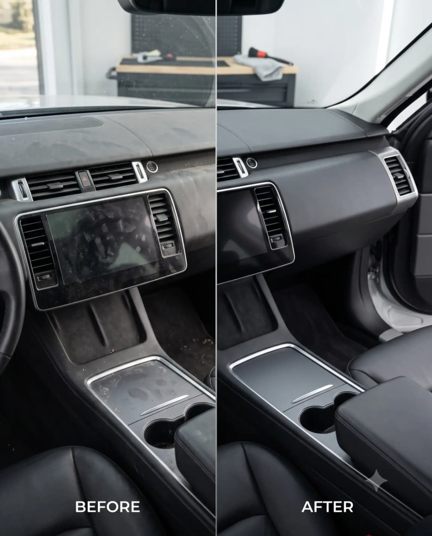 Before and after showing a dusty car interior transformed into a clean finish with NAPKO