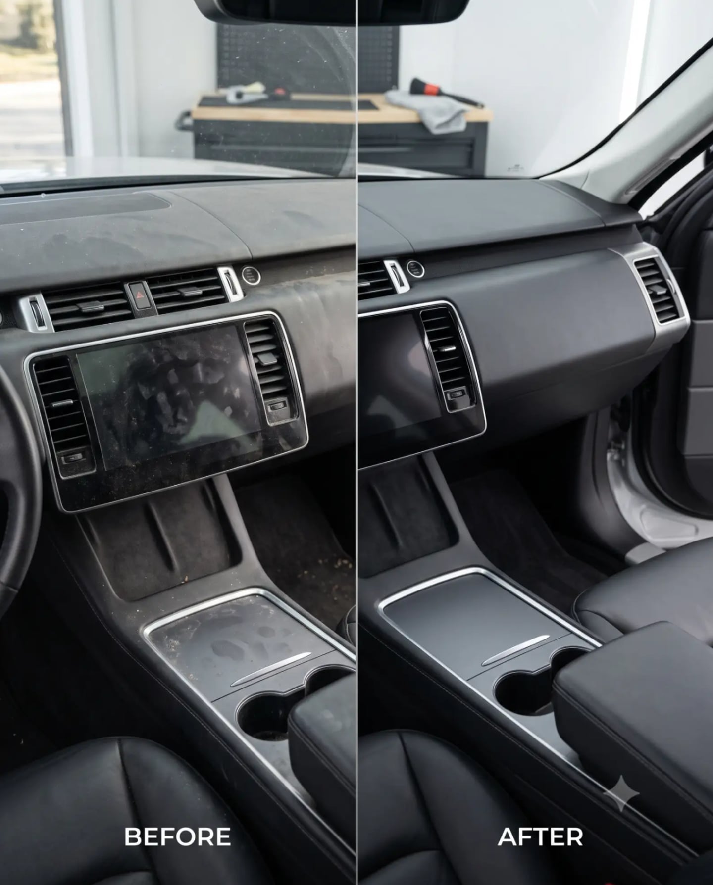Before and after showing a dusty car interior transformed into a clean finish with NAPKO