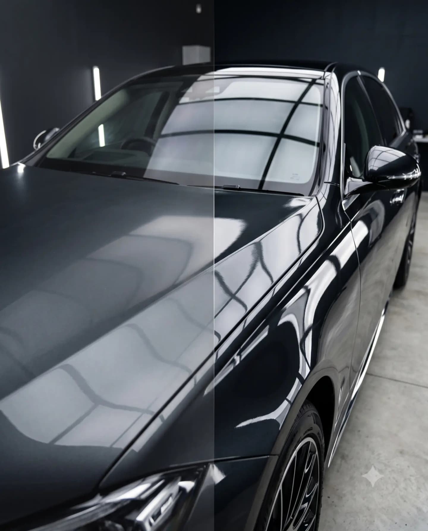 Before and after of a dirty car transformed into a clean finish with NAPKO car care