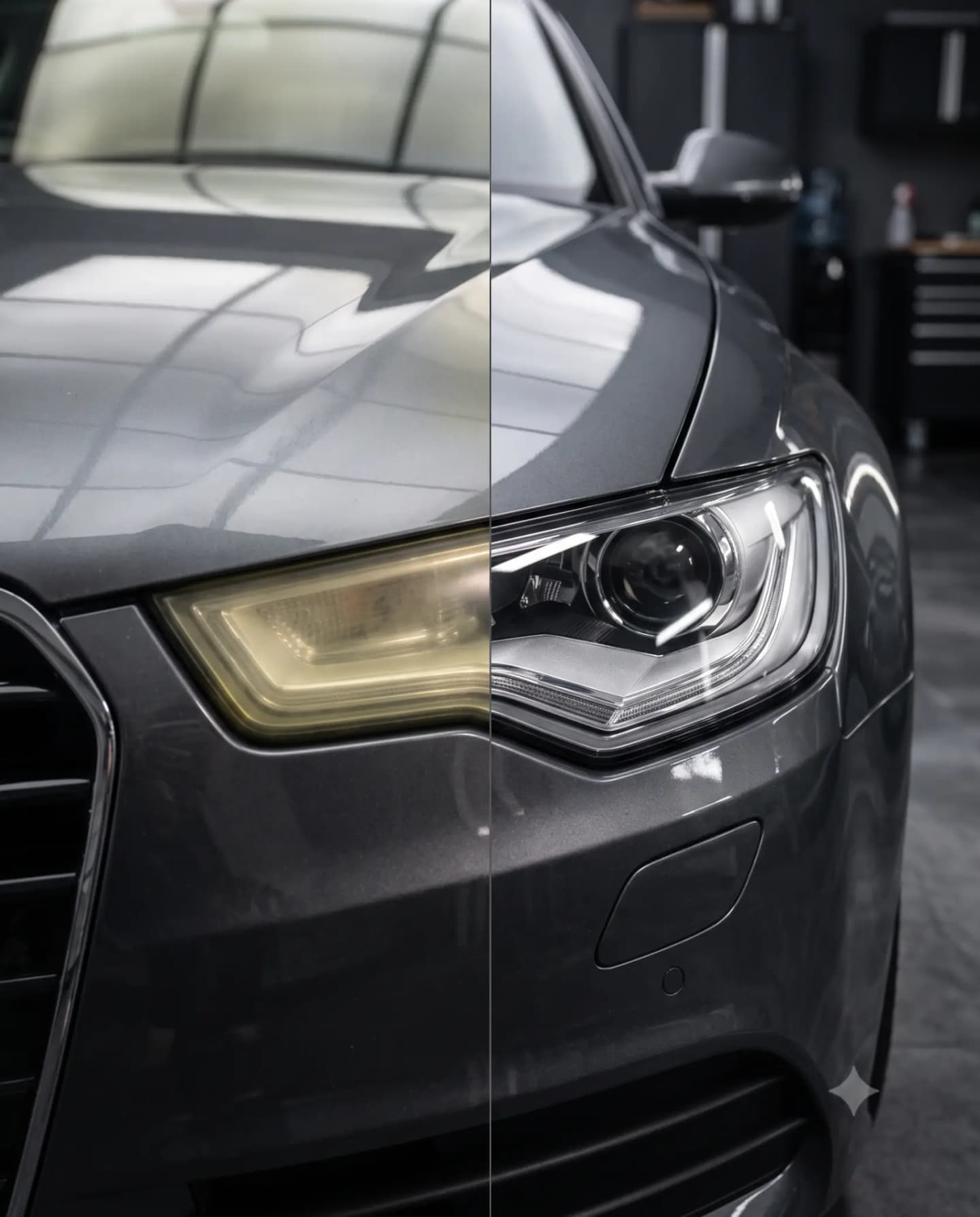 Before and after showing a yellow hazy headlight restored to a clear finish with NAPKO