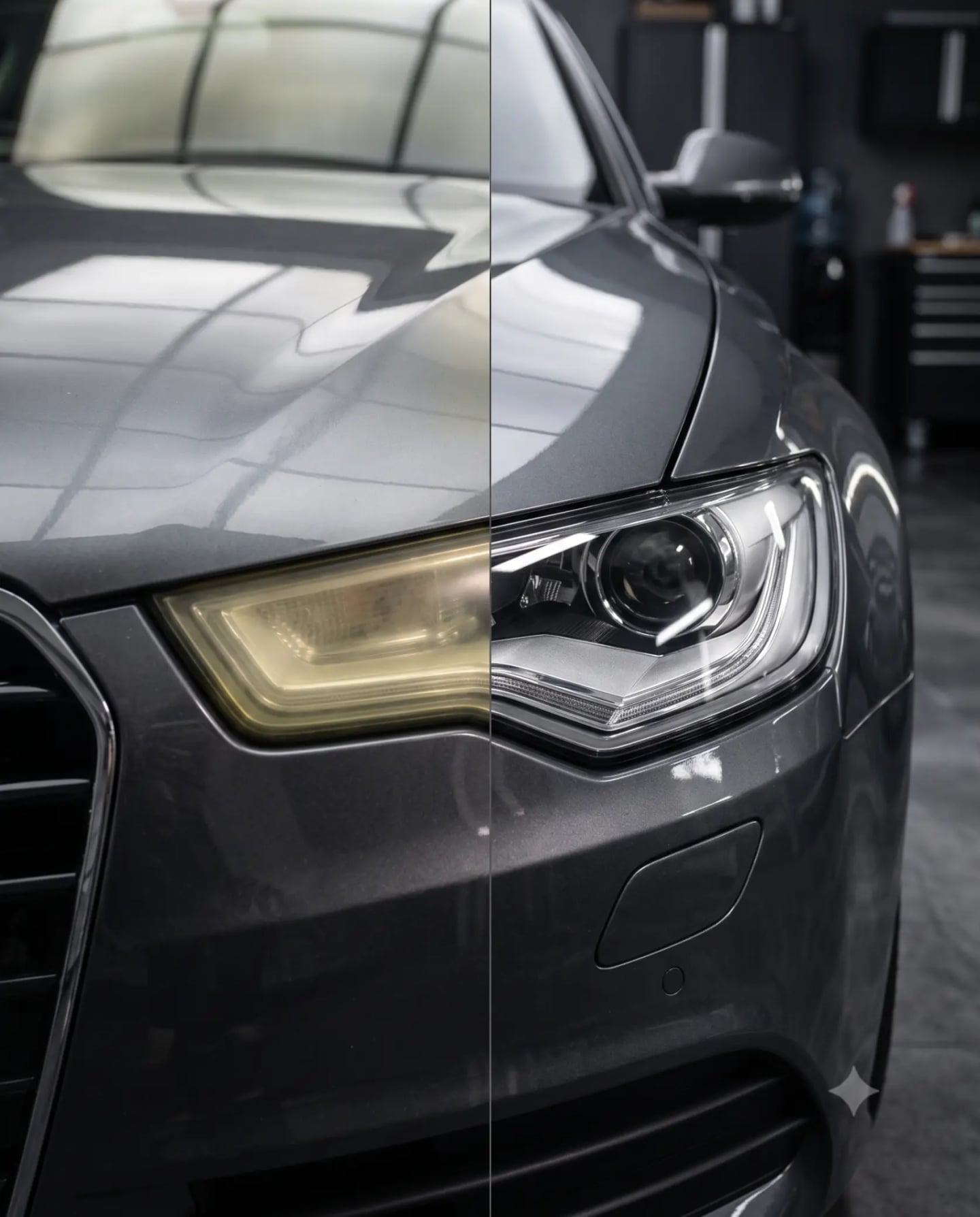 Before and after showing a yellow hazy headlight restored to a clear finish with NAPKO