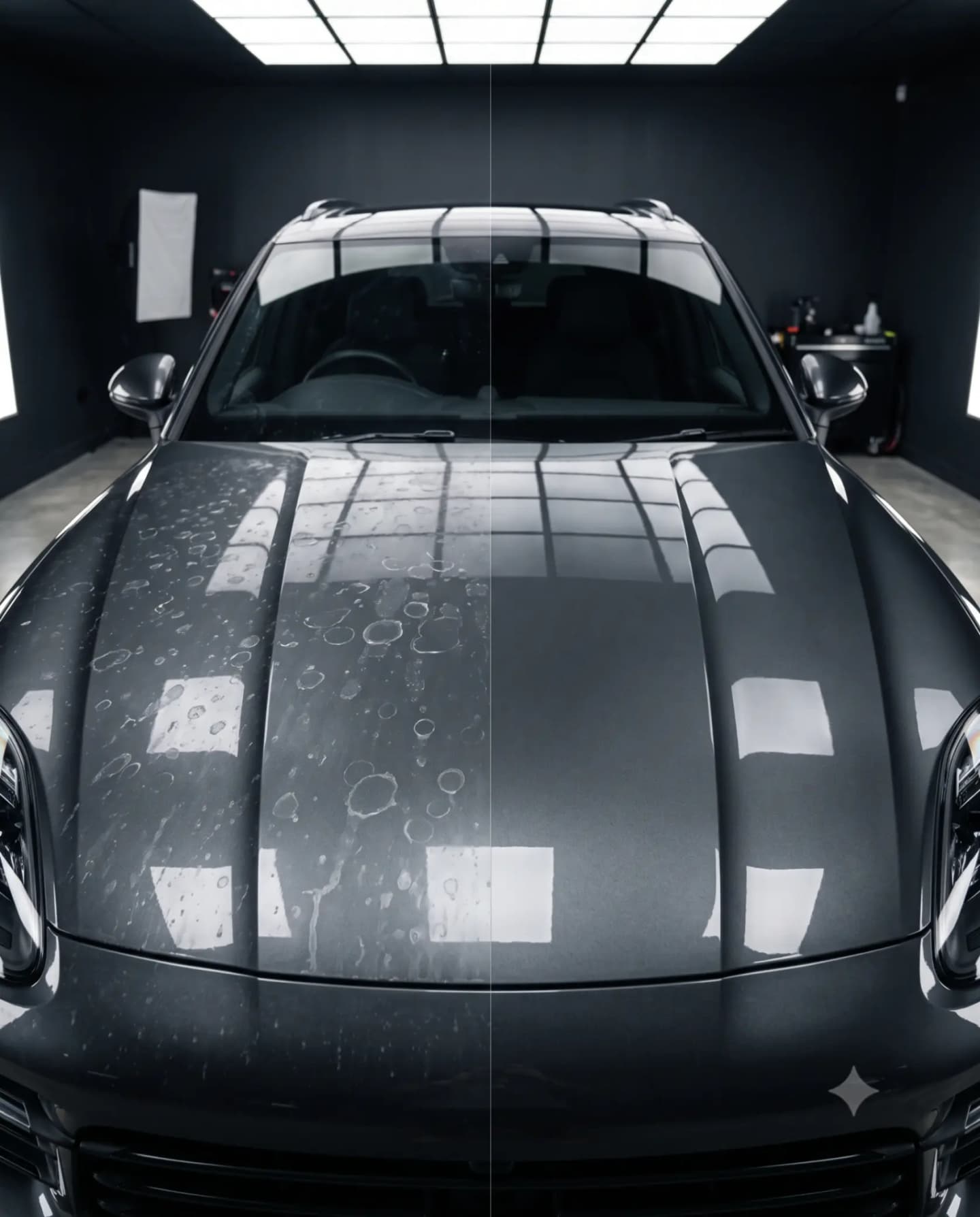 Before and after showing water spots removed from car paint with NAPKO