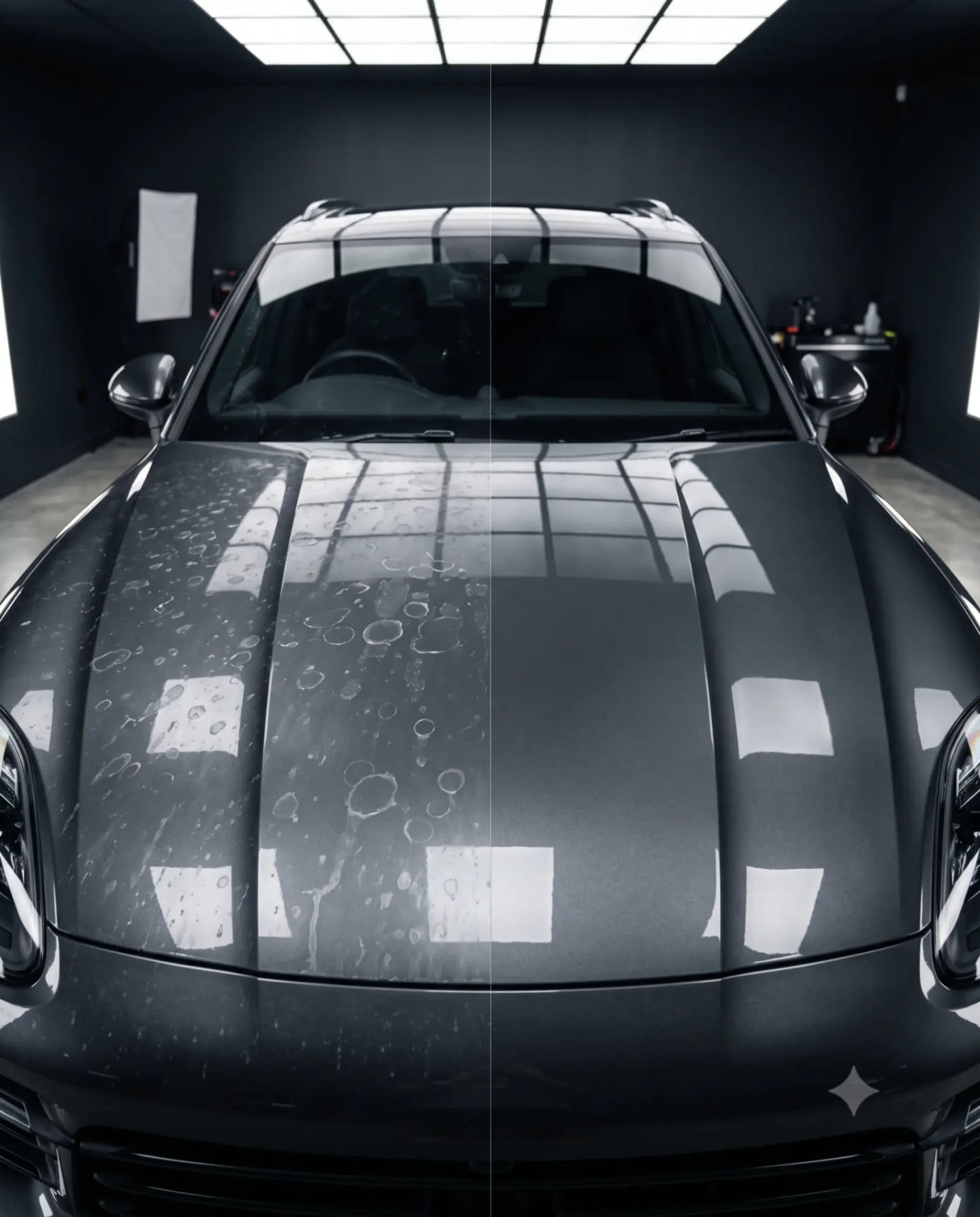 Before and after showing water spots removed from car paint with NAPKO